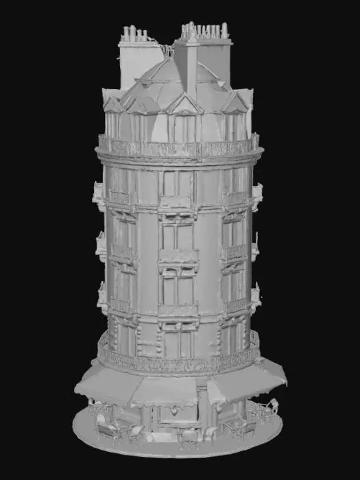 3D model for A detailed 3D model of a Haussmann-style Parisian building tower, designed to be modular and duplicated vertically to create tall buildings.
Classic mid-19th century Paris architecture: cream limestone façade, black wrought-iron balconies, mansard zinc roof, and ornate window decorations.

The ground floor features a typical Parisian café, with red awnings, outdoor tables and chairs, vintage signage, and large glass windows.

The model should be realistic, PBR textured, and game-ready (low poly with baked details).
UV-mapped with diffuse, normal, and roughness maps.

Ideal for use in a realistic open-world Paris environment, inspired by GTA