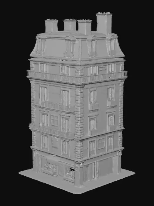 3D model for A rectangular 3D model of a Haussmann-style Parisian building tower, modular and vertically stackable.
The shape must be rectangular and flat, like real Parisian façades, not cylindrical.

Features: limestone façade, balconies with iron railings, tall windows, mansard zinc roof.

The ground floor is a small Parisian convenience store (supérette) with modern glass storefront, bright signage, visible shelves, and a half-open metal shutter.

PBR realistic textures, UV-mapped, optimized for open-world city games.