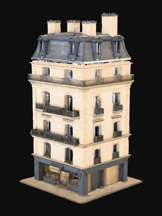 3D model for A rectangular 3D model of a Haussmann-style Parisian building tower, modular and vertically stackable.
The shape must be rectangular and flat, like real Parisian façades, not cylindrical.

Features: limestone façade, balconies with iron railings, tall windows, mansard zinc roof.

The ground floor is a small Parisian convenience store (supérette) with modern glass storefront, bright signage, visible shelves, and a half-open metal shutter.

PBR realistic textures, UV-mapped, optimized for open-world city games.