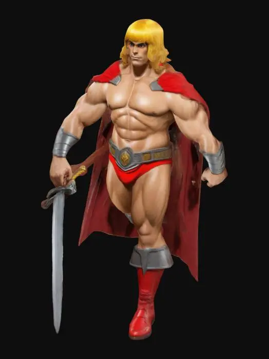 3D model for kırmızı çamaşırı kırmızı pelerini kırmızı çizme ve elinde savaşçı kılıcı olan sarı saçlı güçlü He-Man'in hiper gerçekçi 3D çizimi. 