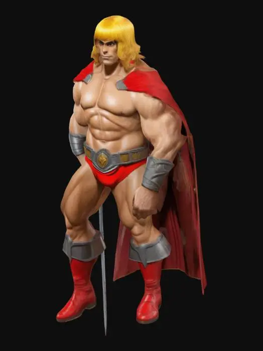 3D model for kırmızı çamaşırı kırmızı pelerini kırmızı çizme ve elinde savaşçı kılıcı olan sarı saçlı güçlü He-Man'in hiper gerçekçi 3D çizimi. 