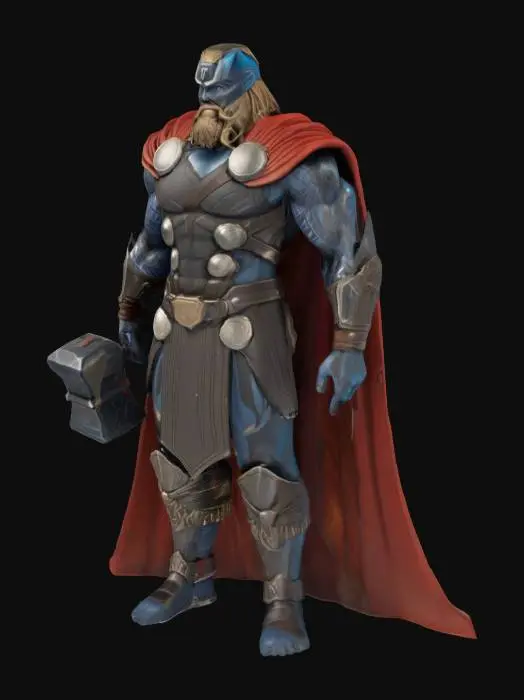 3D model for obsidien derisi elinde çekiç olan thor yüksek cilt detayı ve savaşçı pozizyonunda