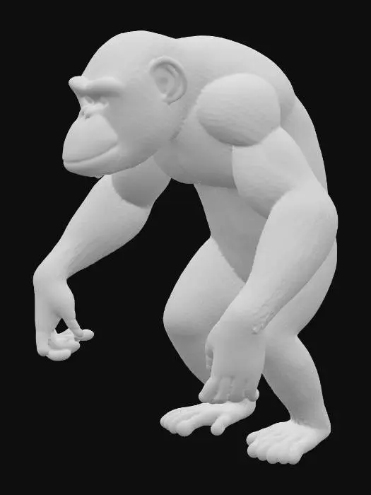 3D model for A highly realistic 3D model of an adult chimpanzee, standing on all fours in a neutral pose. Detailed anatomy with muscular structure, natural proportions, and accurate face features. Short dark brown and black fur with slight variation in tone, visible skin on the face, ears, hands, and feet. Photorealistic PBR textures (albedo, normal, roughness), UV-mapped. Neutral T-pose or A-pose option for rigging. Game-ready topology suitable for Blender import (.fbx/.glb). High detail but optimized mesh for animation.