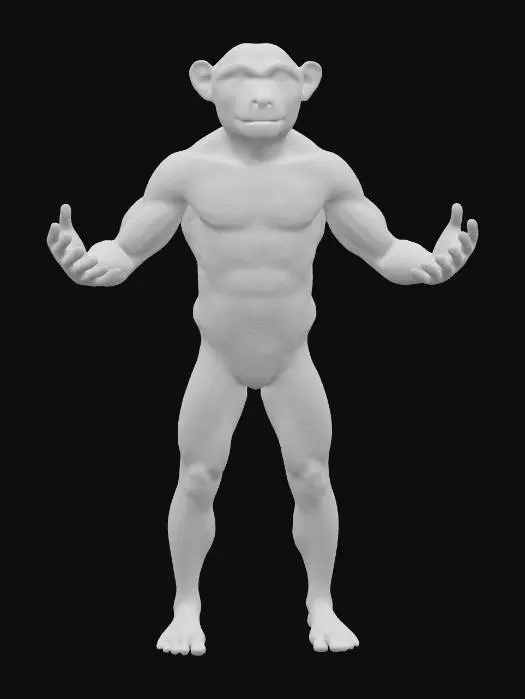 3D model for A highly realistic 3D model of a Humanzee, a hybrid between a human and a chimpanzee. The character stands upright in a neutral pose (A-pose or T-pose). Body proportions are intermediate: more muscular and slightly shorter than an average human, with elongated arms and strong hands/feet resembling a chimpanzee. The face is a blend of human and chimp features — expressive eyes, defined brow ridge, slightly protruding jaw, and short dark fur covering most of the body, with exposed human-like skin on the face, chest, palms, and soles. Natural coloration: dark brown/black fur with subtle variations. Photorealistic PBR textures (albedo, normal, roughness), UV-mapped. Clean, animation-ready topology for Blender import (.fbx or .glb). Designed for rigging and realistic rendering.