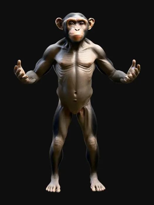 3D model for A highly realistic 3D model of a Humanzee, a hybrid between a human and a chimpanzee. The character stands upright in a neutral pose (A-pose or T-pose). Body proportions are intermediate: more muscular and slightly shorter than an average human, with elongated arms and strong hands/feet resembling a chimpanzee. The face is a blend of human and chimp features — expressive eyes, defined brow ridge, slightly protruding jaw, and short dark fur covering most of the body, with exposed human-like skin on the face, chest, palms, and soles. Natural coloration: dark brown/black fur with subtle variations. Photorealistic PBR textures (albedo, normal, roughness), UV-mapped. Clean, animation-ready topology for Blender import (.fbx or .glb). Designed for rigging and realistic rendering.