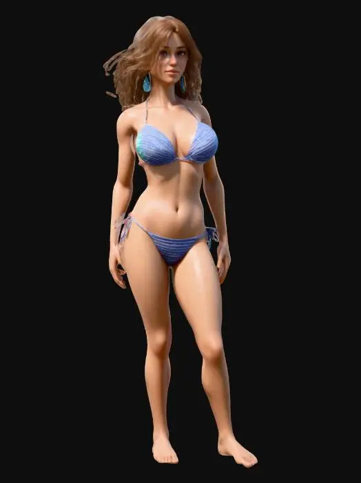 3D model for Create a realistic 3D female character with natural proportions, styled for use in Blender. The character should have clean topology and a riggable mesh, optimized for animation. Outfit: a stylish beach bikini with fabric texture detail. Include proper UV mapping and PBR textures (diffuse, normal, roughness).