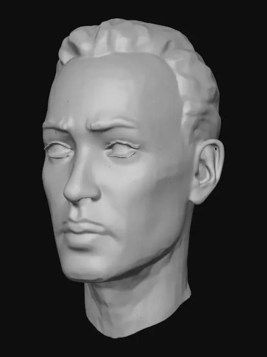 3D model for Realistic 3D model of a handmade dummy head used for a prison escape (like Alcatraz). Sculpted from papier-mâché or plaster with slightly rough, imperfect texture and visible brush strokes. Sleeping adult male face with closed eyes and relaxed expression. Short dark brown hair attached to the scalp, slightly messy and natural. Painted eyebrows and subtle skin shading.

High-detail, realistic style. Clean quad topology, game-ready. 4K PBR textures (base color, normal, roughness, AO). Full head only, no neck or shoulders. Centered pivot, facing forward.