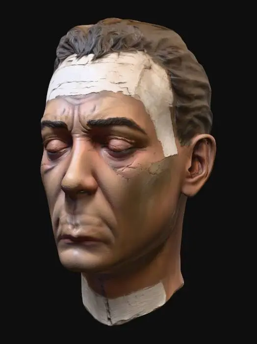 3D model for Realistic 3D model of a handmade dummy head used for a prison escape (like Alcatraz). Sculpted from papier-mâché or plaster with slightly rough, imperfect texture and visible brush strokes. Sleeping adult male face with closed eyes and relaxed expression. Short dark brown hair attached to the scalp, slightly messy and natural. Painted eyebrows and subtle skin shading.

High-detail, realistic style. Clean quad topology, game-ready. 4K PBR textures (base color, normal, roughness, AO). Full head only, no neck or shoulders. Centered pivot, facing forward.