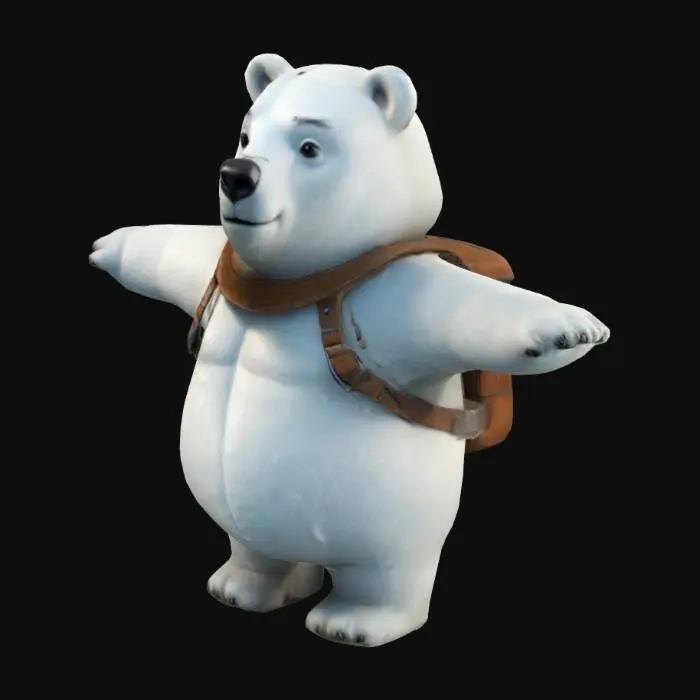 3D model for Create a  stylized 3D model of a cute polar bear. It also has a square backpack has been made by cowhide for deliveries. The style should be chunky, round, and cartoonish, similar to Party Animals. The model must be in a T-pose for rigging, with bright, hand-painted textures and game-ready optimization