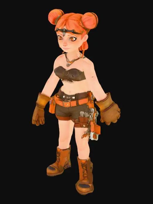 3D model for A female avatar in a steampunk style. She should have a petite frame with small breasts and delicate proportions. The character has pale skin, a pretty and expressive face with a small cute nose, soft hazel eyes, and a pretty smile. Her hair is vibrant red, tied up into two bunches (pigtails or buns), styled in a neat, playful steampunk manner with some small accessories like brass pins or goggles. She ise dressed in a simple jungle mechanic outfit, ready to service an airship. A simply bandeau top made of an oil stained rag and tight short shorts, made of supple leather, a toolbelt loosely around her waist, half-calf leather boots studded with rivets on her feet.
Stood in A-pose with legs slightly apart so that any future model generation will work without creating intersecting geometry