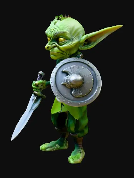 3D model for A liitle sd green goblin with short sword and a buckler