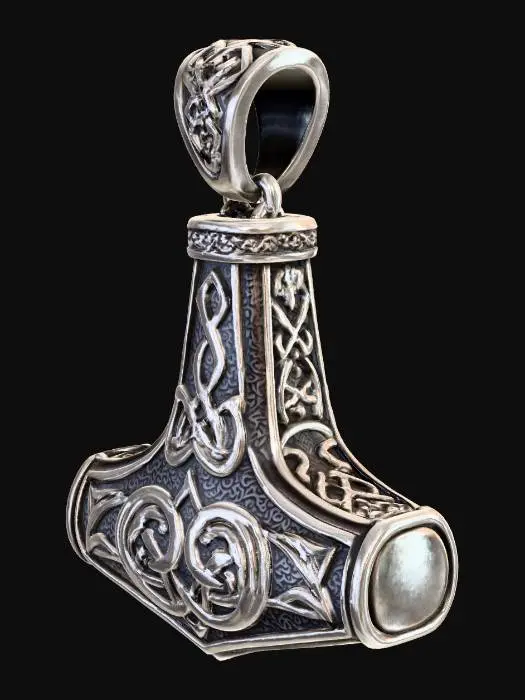 3D model for A substantial pendant crafted from antiqued sterling silver, shaped like a stylized Mjolnir, Thor's hammer. Its surface exhibits a slightly hammered texture, giving it a rugged, battle-worn feel, with deeply etched Norse knotwork patterns. The edges are solid and defined, reflecting light subtly, while a polished, dark finish enhances the intricate details. It feels weighty and powerful, designed to hang boldly.