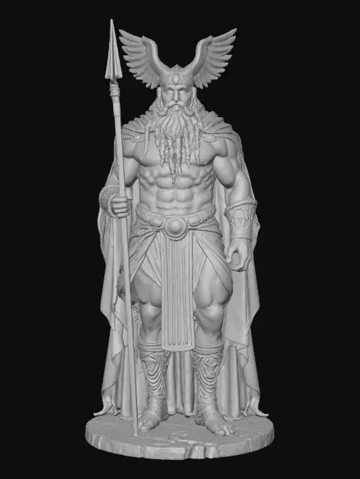 3D model for A stoic Odin statue, meticulously carved from dark, aged hardwood, stands with a commanding presence suitable for a shrine. Its surface displays the intricate grain patterns and natural imperfections of the wood, suggesting a textured, slightly rough tactile quality. The god is depicted with a long, braided beard, a single keen eye, and an ornate, winged helmet, all rendered with sharp, defined edges. He firmly grasps a miniature, finely detailed spear, adding to his formidable yet wise demeanor. The overall shape is robust and masculine.