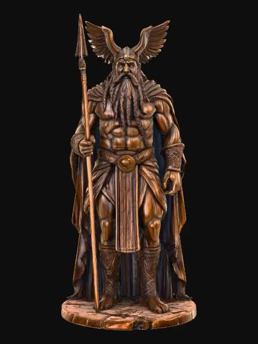 3D model for A stoic Odin statue, meticulously carved from dark, aged hardwood, stands with a commanding presence suitable for a shrine. Its surface displays the intricate grain patterns and natural imperfections of the wood, suggesting a textured, slightly rough tactile quality. The god is depicted with a long, braided beard, a single keen eye, and an ornate, winged helmet, all rendered with sharp, defined edges. He firmly grasps a miniature, finely detailed spear, adding to his formidable yet wise demeanor. The overall shape is robust and masculine.