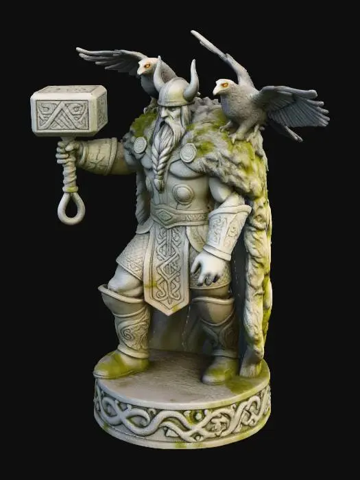 3D model for norse statue with Mjolnir and hugin and munin