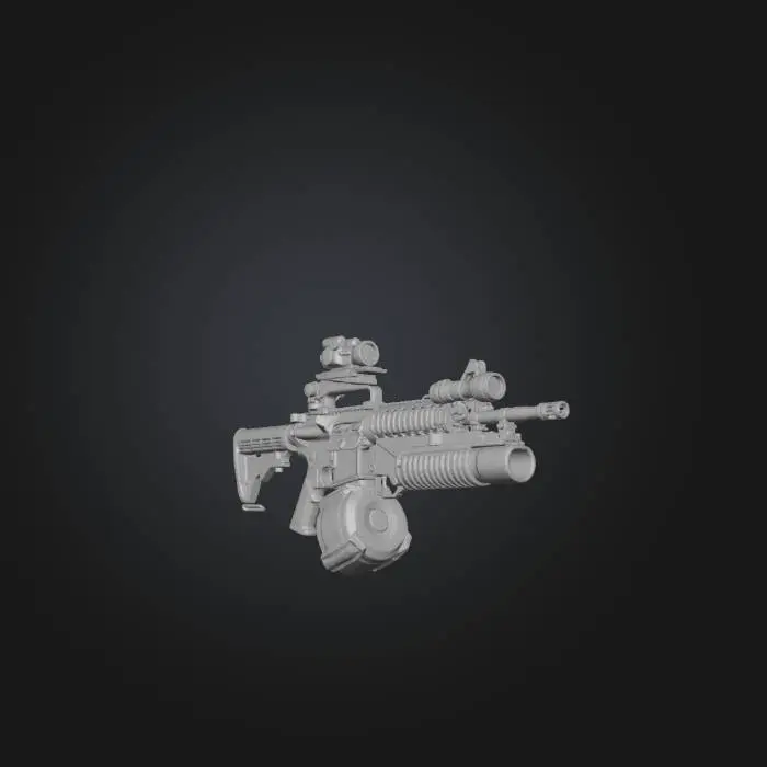 3D model for Colt M4 carbine with carry handle rail system fitted with a comp M2 red dot sight, dual drum magazine, flashlight attached to the front sight, m203 grenade launcher attached to the bottom of the handguard
