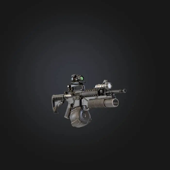 3D model for Colt M4 carbine with carry handle rail system fitted with a comp M2 red dot sight, dual drum magazine, flashlight attached to the front sight, m203 grenade launcher attached to the bottom of the handguard