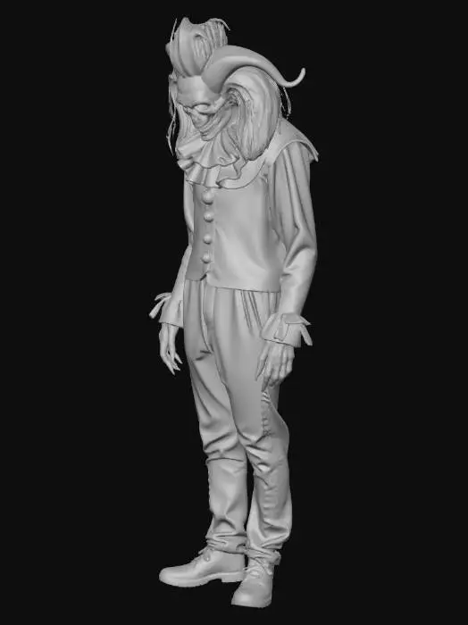 3D model for Can I get a scary tall man about 6'11 feet tall with dark red hair hanging from his shoulders, while covering his face with a creepy smile widened enough to have his mouth hit his ears, dressed in a raggedy jester costume?