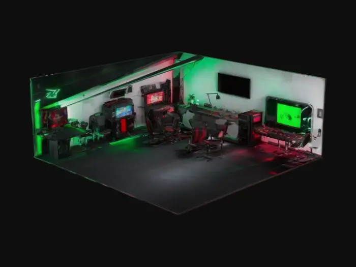 3D model for a gaming room from inside looking stunned with neonish lights and glossy look on floor, make it red and black floor, white and green wall