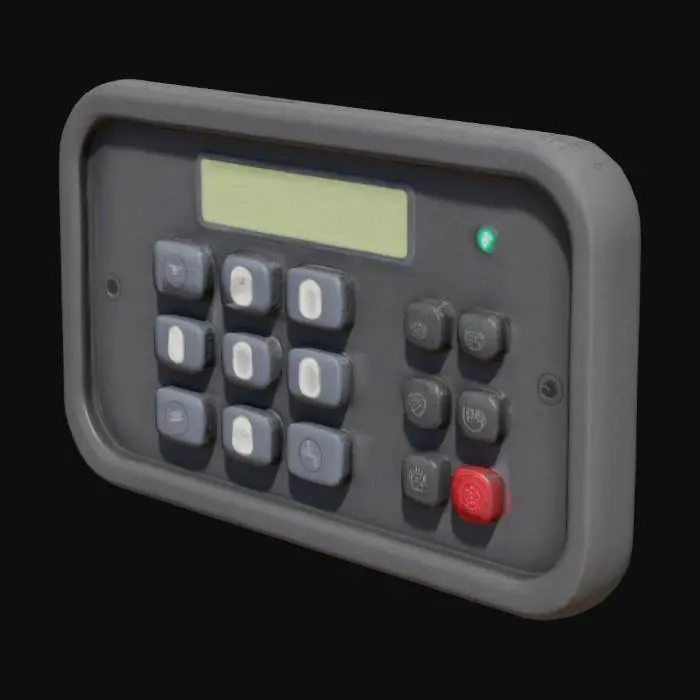 3D model for security keypad with 12 keys,
a small lcd screen ontop, 2 small lightbulbs