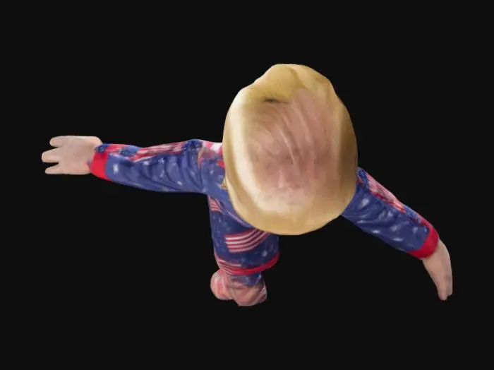 3D model for Realistic symmetrical Donald Trump, Doing T-Pose, arms out to sides. donald trump size of a little kid. wearing an pyjama with little amarican flags on it