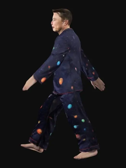 3D model for Realistic symmetrical Elon Musk, Doing T-Pose, arms out to sides, wearing a pyjama with little rockets and planets on it