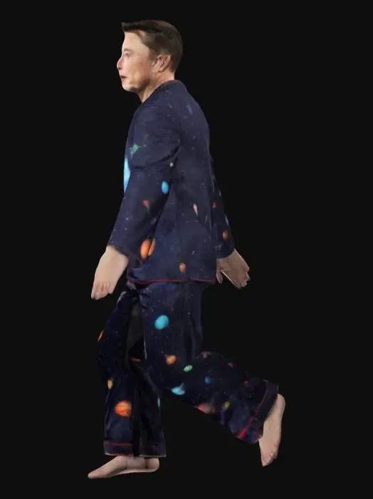 3D model for Realistic symmetrical Elon Musk, Doing T-Pose, arms out to sides, wearing a pyjama with little rockets and planets on it