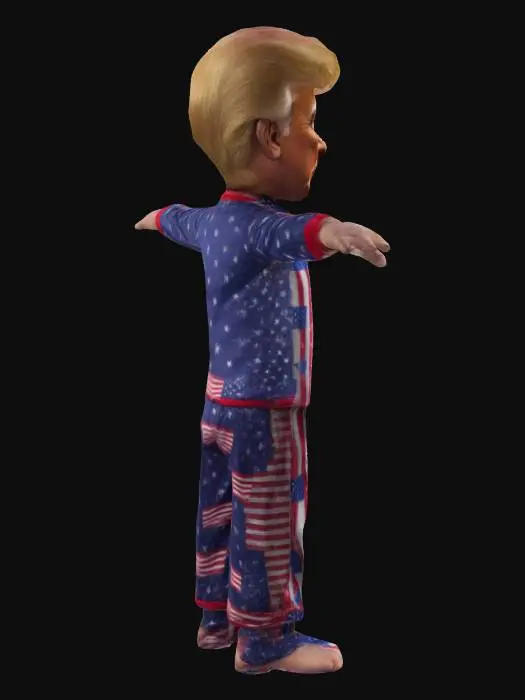3D model for Realistic symmetrical Donald Trump, Doing T-Pose, arms out to sides. donald trump size of a little kid. wearing an pyjama with little amarican flags on it