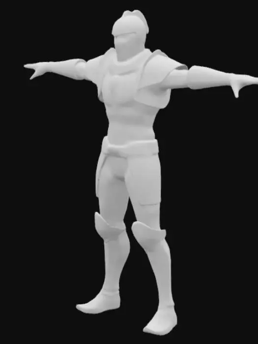 3D model for Realistic minimalist armor texture for a futuristic medieval knight in T-pose. Polished dark steel plating with subtle gold accents, clean panel lines, and finely embossed trim. No cloak or unnecessary elements. Visible chainmail at elbow and hip joints, functional leather belts with aged brass buckles. Integrated futuristic features: fine glowing circuit lines across chest and arms, micro tech ports at collar and gauntlets, faint visor HUD pattern. Matte-black tactical undersuit with reinforced seams. Light wear: small scratches, heat stains, and dust buildup. Designed for cinematic realism—clean, functional, and grounded blend of medieval tradition and subtle sci-fi.