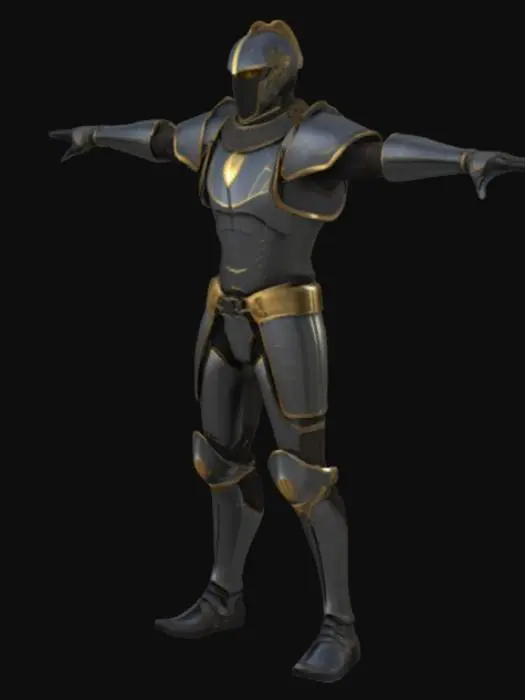 3D model for Realistic minimalist armor texture for a futuristic medieval knight in T-pose. Polished dark steel plating with subtle gold accents, clean panel lines, and finely embossed trim. No cloak or unnecessary elements. Visible chainmail at elbow and hip joints, functional leather belts with aged brass buckles. Integrated futuristic features: fine glowing circuit lines across chest and arms, micro tech ports at collar and gauntlets, faint visor HUD pattern. Matte-black tactical undersuit with reinforced seams. Light wear: small scratches, heat stains, and dust buildup. Designed for cinematic realism—clean, functional, and grounded blend of medieval tradition and subtle sci-fi.