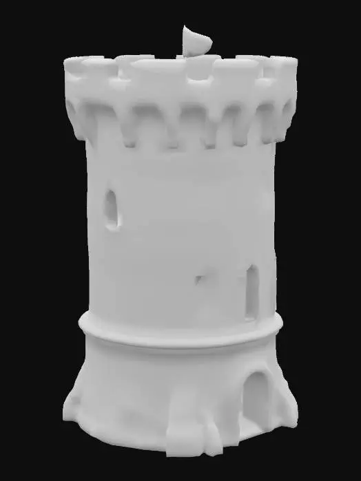 3D model for Hyperrealistic hollow cylindrical medieval-cyberpunk castle tower, 30 m tall, 8 m external Ø, 1 m thick walls yielding a 6 m interior Ø. Ground-level open arch entrance (2.5 × 3 m) without door. Roof platform features a 2 m Ø side-offset circular hatch for spiral staircase connection. Exterior fuses weathered gray sandstone with brushed steel plating, subtle neon conduit inlays and minimal holo-panels. Three narrow vertical slit windows at mid-height. No interior floors or stairs. Clean mid-poly topology, seamless UVs, 8K PBR textures: Albedo aged stone & metal, Metallic map for steel panels, emissive neon, Normal/displacement for block relief, Roughness stone 70–85 %, metal 20–30 %. Real-time and cinematic ready.