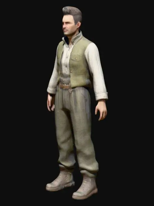 3D model for Photorealistic late-19th-century rural farm worker in A-pose, hanging by a frayed noose from a mossy wooden gallows at night. Arms angled 45°, palms forward. He wears a coarse linen shirt with rolled-up sleeves, a faded wool vest with tarnished brass buttons, and rugged trousers tucked into scuffed leather boots. Moonlight pierces drifting mist, casting soft volumetric beams. Detailed skin pores, fabric weave and wood grain. Subtle rhythmic swing, fabric rippling. Cinematic 85 mm lens, shallow DOF, cold blue-gray palette.
