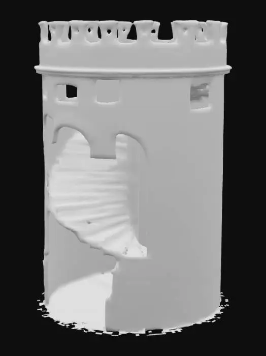 3D model for Epic hyperrealistic ruined medieval castle tower featuring a fully accessible internal spiral staircase seamlessly connecting the ground-level arched entrance through intact inner walls to a rooftop battlement exit, cylindrical weathered sandstone structure with battered battlements, collapsed parapets and ivy-clad crumbling masonry, clean mid-poly topology capturing individual stone blocks, erosion crevices and moss clusters, optimized UVs, 8K PBR textures of aged gray sandstone, dark red brick, damp green moss and worn oak wood, detailed normal and displacement maps for chiseled edges and deep fissures, varied roughness for stone, brick and wood surfaces, zero metallic, ready for real-time engines and cinematic close-ups.