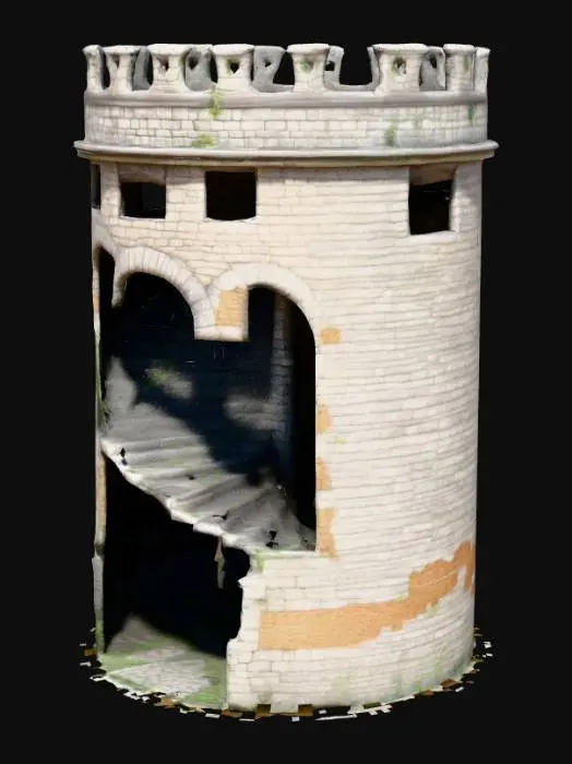 3D model for Epic hyperrealistic ruined medieval castle tower featuring a fully accessible internal spiral staircase seamlessly connecting the ground-level arched entrance through intact inner walls to a rooftop battlement exit, cylindrical weathered sandstone structure with battered battlements, collapsed parapets and ivy-clad crumbling masonry, clean mid-poly topology capturing individual stone blocks, erosion crevices and moss clusters, optimized UVs, 8K PBR textures of aged gray sandstone, dark red brick, damp green moss and worn oak wood, detailed normal and displacement maps for chiseled edges and deep fissures, varied roughness for stone, brick and wood surfaces, zero metallic, ready for real-time engines and cinematic close-ups.
