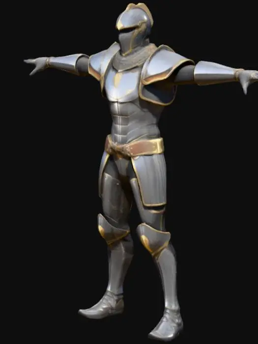 3D model for Realistic minimalist armor texture for a futuristic medieval knight in T-pose. Polished dark steel plating with subtle gold accents, clean panel lines, and finely embossed trim. No cloak or unnecessary elements. Visible chainmail at elbow and hip joints, functional leather belts with aged brass buckles. Integrated futuristic features: fine glowing circuit lines across chest and arms, micro tech ports at collar and gauntlets, faint visor HUD pattern. Matte-black tactical undersuit with reinforced seams. Light wear: small scratches, heat stains, and dust buildup. Designed for cinematic realism—clean, functional, and grounded blend of medieval tradition and subtle sci-fi.