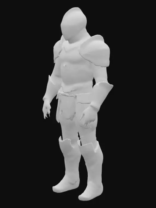 3D model for Realistic minimalist armor texture for a futuristic medieval knight in A-pose. Polished dark steel plating with subtle gold accents, clean panel lines, and finely embossed trim. No cloak or unnecessary elements. Visible chainmail at elbow and hip joints, functional leather belts with aged brass buckles. Integrated futuristic features: fine glowing circuit lines across chest and arms, micro tech ports at collar and gauntlets, faint visor HUD pattern. Matte-black tactical undersuit with reinforced seams. Light wear: small scratches, heat stains, and dust buildup. Designed for cinematic realism—clean, functional, and grounded blend of medieval tradition and subtle sci-fi.