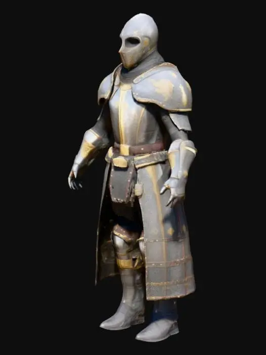 3D model for Realistic medieval armor texture featuring polished dark steel plating with intricate gold engravings, embossed trim, and aged brass rivets. Chainmail visible at elbow and thigh joints, with worn leather belts and detailed medieval buckles across the waist. Integrated futuristic details: thin glowing circuit lines etched subtly into the chestplate and shoulders, micro HUD interface around the visor, small tech nodes at gauntlets and neck. Undersuit made of matte tactical fabric with reinforced seams. Light battlefield wear, including scuffs, scratches, heat staining, and dust accumulation. Designed for an A-pose model, blending noble tradition with sleek sci-fi in a grounded, cinematic style.