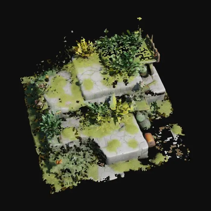 3D model for A post-apocalyptic garden where nature breaks through concrete and reclaims what was lost. Created with a blend of photoreal textures, sculpted details, and procedural foliage—this 3D scene merges decay and rebirth in a futuristic world , #garden#