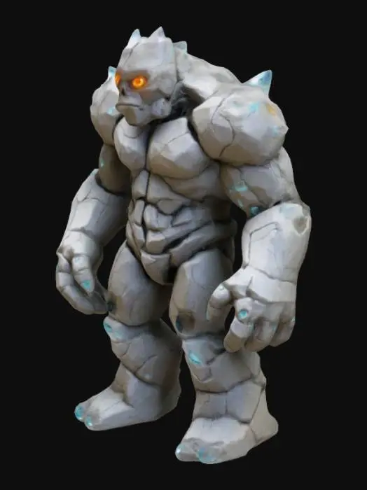 3D model for rugged golem, crystal color eyes and joints, looking like its body is made of rocks and have rocky edges in its body. Color of rocks

