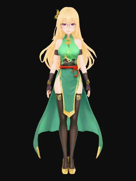 3D model for Anime Girl, Genshin impact Style, Tall, cute girl, purple eyes, wearing glasses, pale skin, Long blonde Hair, jade green chinese top showing shoulders and showing cleavage, chinese martial artist style jade green dress with golden details, black and gold belt whit a red rope belt, black thighs, gold heels, black fingerless figthing gloves whit golden details 