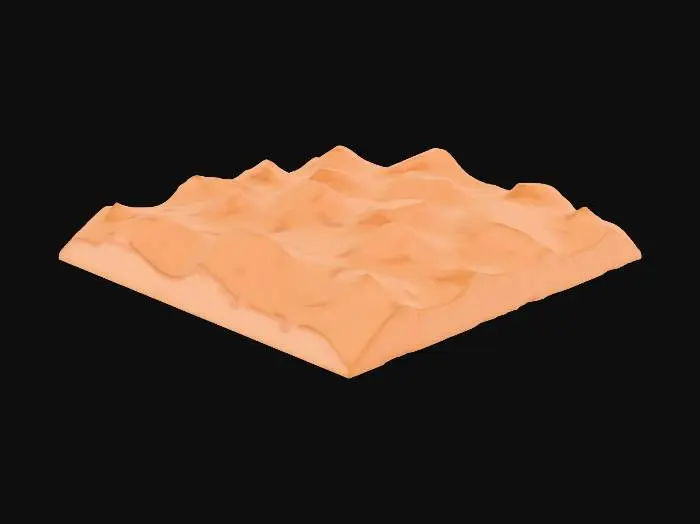 3D model for Low poly square sand tile with clean seamless tiling and slightly elevated, softly beveled edges. Each tile should align perfectly in a grid without visible seams, but the borders must still be subtly raised so the tile squares are clearly distinguishable during gameplay. The top surface should have gentle low-poly dune shapes with soft smooth variations, stylized desert sand look, warm beige color palette, uniform tone, no stones, no debris, no cracks, no heavy patterns. Geometry should be clean, simple, and consistent low-poly topology. Game-ready mesh, 1x1 meter scale, centered pivot, balanced lighting and texture. Subtle normal map for depth, but no harsh noise or artifacts. Overall look: clean, professional, stylized low-poly sand with readable tile boundaries.