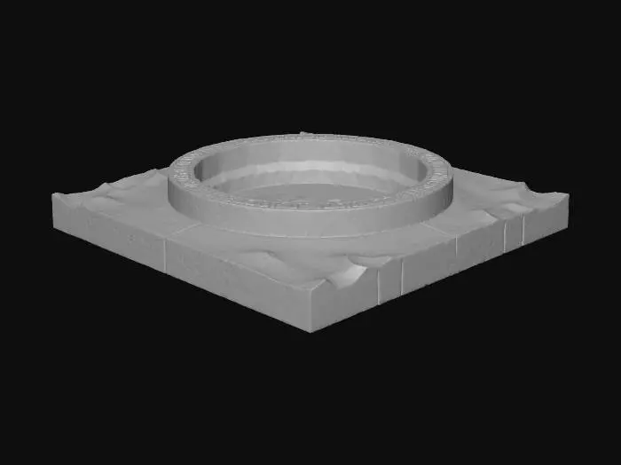 3D model for orange, low-poly sand tile with soft dunes, clean seamless tiling, slightly beveled edges matching your other sand tiles. bright, clean, game-ready lighting; mobile optimized; no holes or stretching. 
Stone-framed sacred finish pad: thin light-grey rocky border around all edges, slightly cracked corners, stylized. 
Centered circular recess for the totem, shallow, smooth, clean UVs. 
Inner circle filled with a small amount of glossy blue water or faint turquoise glow. 
Subtle rune-like patterns engraved around the circle, soft emission. 
Perfect as the finish platform for a tropical puzzle game. 
Pivot at the bottom center.