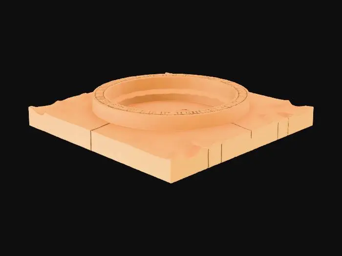 3D model for orange, low-poly sand tile with soft dunes, clean seamless tiling, slightly beveled edges matching your other sand tiles. bright, clean, game-ready lighting; mobile optimized; no holes or stretching. 
Stone-framed sacred finish pad: thin light-grey rocky border around all edges, slightly cracked corners, stylized. 
Centered circular recess for the totem, shallow, smooth, clean UVs. 
Inner circle filled with a small amount of glossy blue water or faint turquoise glow. 
Subtle rune-like patterns engraved around the circle, soft emission. 
Perfect as the finish platform for a tropical puzzle game. 
Pivot at the bottom center.