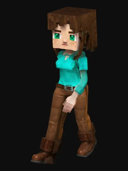 3D model for Create a 3D model of Minecraft Alex with a realistic human female body. Keep her blocky head but give her a more natural, proportionate body with lifelike anatomy—defined arms, legs, and torso. She has fair skin, shoulder-length brown hair, and wears a teal shirt, brown pants, and boots, with pixel details intact