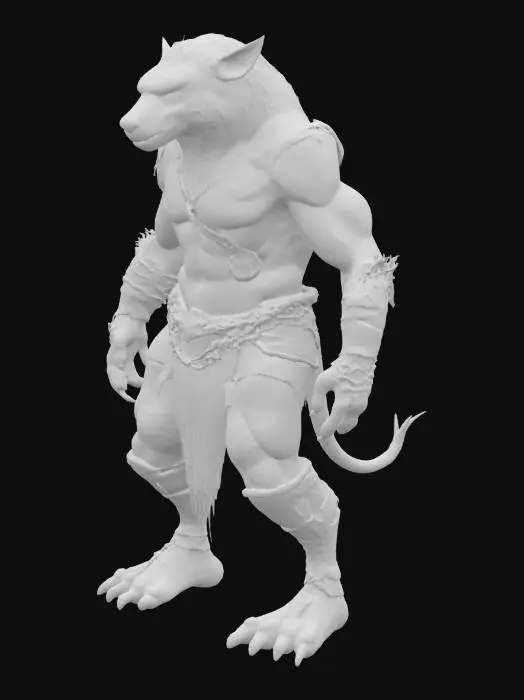 3D model for gnoll Warrior, wearing tattered leather, with a strong physique, no shoes, small ears, short tail, fierce eyes, brown fur, spotted fur, long neck, leaning forward, World of Warcraft