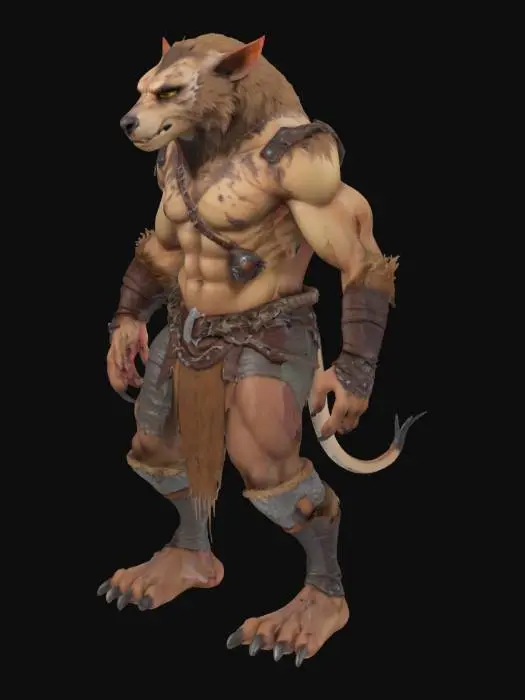 3D model for gnoll Warrior, wearing tattered leather, with a strong physique, no shoes, small ears, short tail, fierce eyes, brown fur, spotted fur, long neck, leaning forward, World of Warcraft