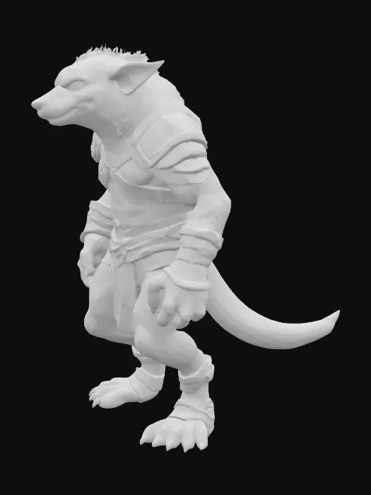 3D model for gnoll Warrior, dressed in tattered leather, with a lean body, no shoes, small ears, short tail, fierce eyes, with milky white fur, spotted fur, a relatively long neck, leaning forward, World of Warcraft