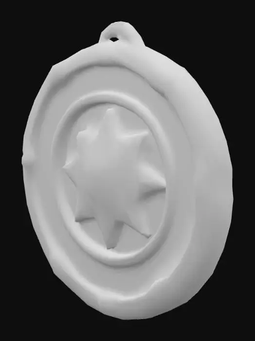 3D model for A stylized magical charm inspired by the concept of "Aegis". A small, ornate amulet with glowing runes engraved on a circular metallic surface, surrounded by mystical energy patterns. The center has a radiant gem emitting a soft golden-blue light. Designed in a cartoony stylized style, with exaggerated proportions and smooth hand-painted textures, fantasy RPG aesthetic, vibrant colors, slightly floating magical aura effect.