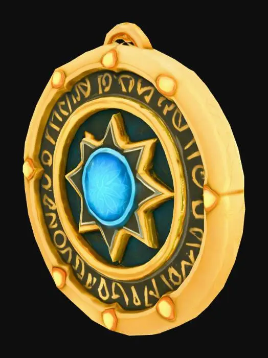 3D model for A stylized magical charm inspired by the concept of "Aegis". A small, ornate amulet with glowing runes engraved on a circular metallic surface, surrounded by mystical energy patterns. The center has a radiant gem emitting a soft golden-blue light. Designed in a cartoony stylized style, with exaggerated proportions and smooth hand-painted textures, fantasy RPG aesthetic, vibrant colors, slightly floating magical aura effect.