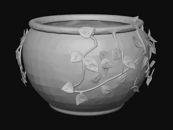 3D model for Create a plant pot at least 200mm round. Include themes such as leaves and vines.